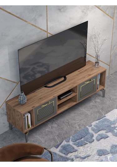 Tv Sehpası 160 Cm Modern Çok Amaçlı Dolaplı Raflı Televizyon Ünitesi Linya Gold Antrasit Ceviz