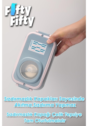 Uzspace 1200 Ml İki Kat Dört Bölme Paslanmaz Çelik Lunch Box Yeni Nesil Sefer Tası-sos Kaseli Model-fflbox8023 Pembe