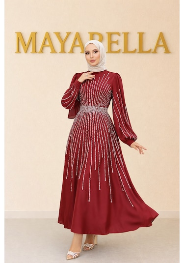 Mayabella İşlemeli Saten Tesettür Abiye Bordo Bordo