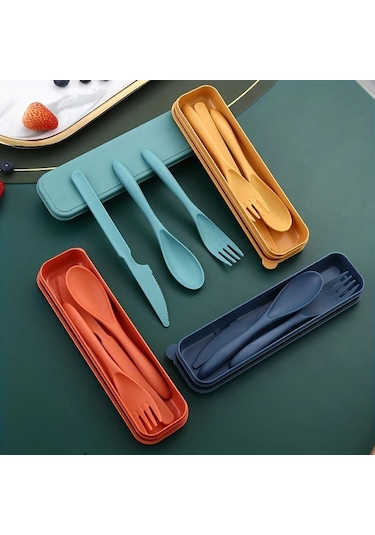 Honeybeeshop Mavi Çatal Kaşık Bıçak Seti 3ü 1 Arada Taşınabilir Kamp Ve Piknik Ürünleri Mavi