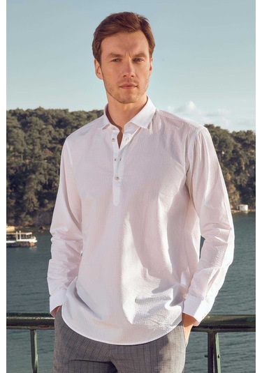 Morven Erkek Beyaz Pamuk Baskılı Desenli İtalyan Yaka Regular Fit Gömlek Beyaz