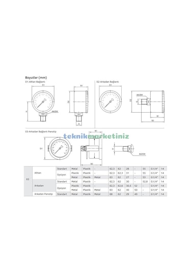 63MM -760/0 MMhg ALTtan Çıkışlı G1/4" Kurutip VakuMMetre Pakkens