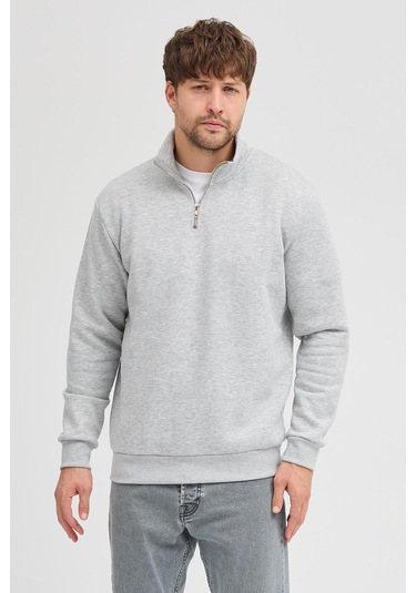 Unisex Regular Fit Rahat Kesim Pamuklu Içi Polarlı Yarım Fermuarlı Gri Dik Yaka Sweatshirt Gri