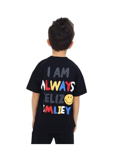 Erkek Çocuk Gülen Yüz Baskılı Tshirt-14166 SIYAH