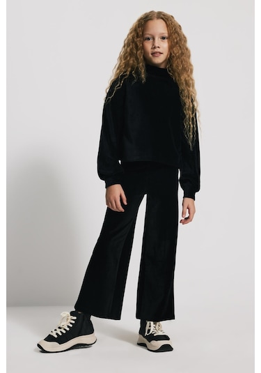 Kids Girl Dik Yaka Kadife Siyah Sweatshirt Siyah