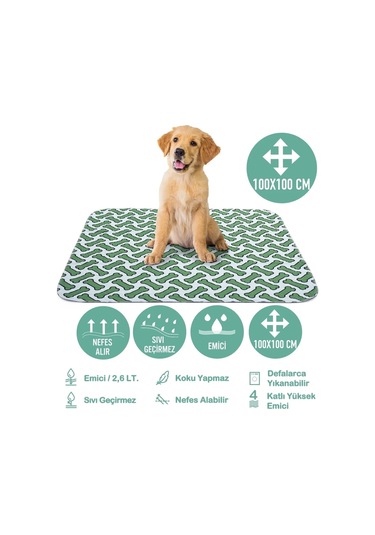 Abso Yıkanabilir Emici Köpek Pedi Kemik Baskılı Yeşil 100 x 100 CM