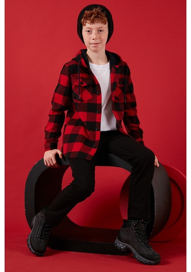Lela Kapüşonlu Çift Cepli Ekoseli Oduncu Erkek Çocuk Gömlek Cf25W81787 Kırmızı