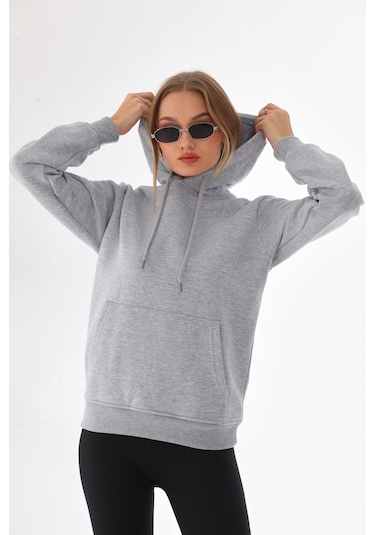 Everest Everst Kapüşonlu 3 İplik Şardonlu Kanguru Cepli Sweatshirt Gri