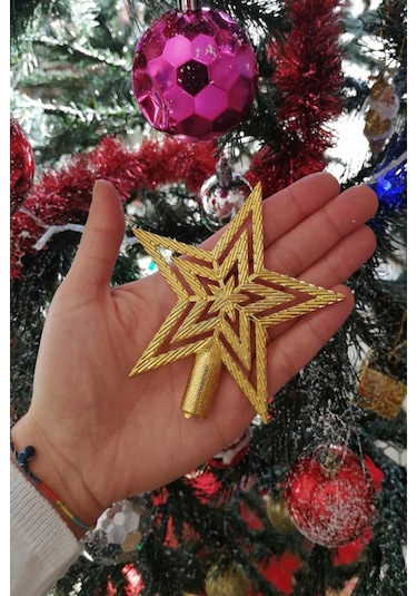 10cm Yılbaşı Çam Ağaçı Altın Gold Tepe Yıldızı Yeni Yıl Metalik