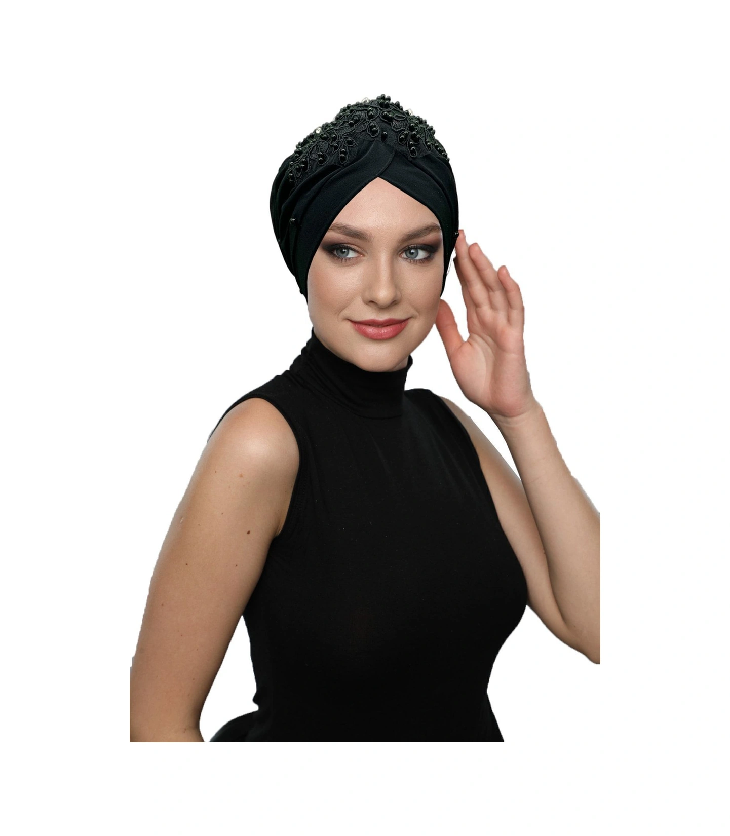 Kopma Astarlı Işlemeli Siyah Dantel Motifli Hazır Türban Tesettür Abiye Bone Siyah Dantel
