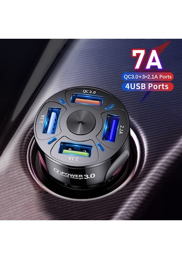 Uslion QC3.0 4 Port Çıkışlı Çoklu Usb Araç Şarj Aleti Siyah