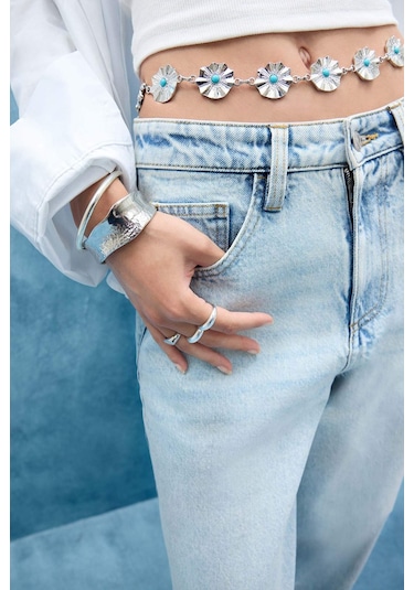 Defacto Kadın Mavi Taşlı Çiçekli Silver Bel Zinciri G0110axnssr4 Gri