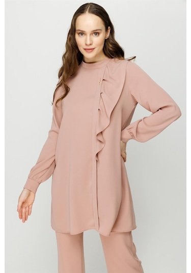 Volan Detaylı Pantolon Tunik Takım Pudra-pudra Pudra