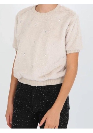 Kız Çocuk Kışlık Peluş Taşlı Yarım Kollu Tasarım Kazak-14821 Krem