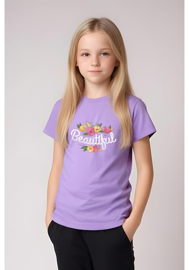 Beautiful Baskılı Kız Çocuk Tişört Ve Eşofman Alt-üst Takım Lila