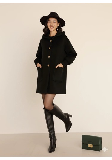 Kadın Oversize Bol Kesim Diz Üstü Siyah Kaban Büyük Cepli Yünlü Kumaş Kapüşon Detaylı Siyah