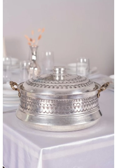 Bakır Tencere Mardin İşlemeli Model (8 Litre) Gümüş Renk