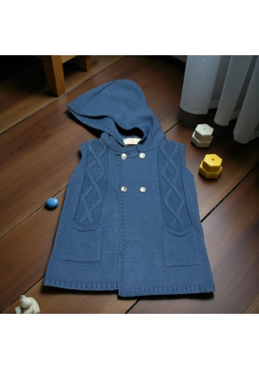 Kapüşonlu Çift Düğme Detaylı Triko Yelek İndigo