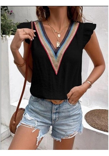 Yaz V Yaka Dantel Kelebek Kollu Kadın Bluz Zarif Rahat Kadın Beyaz Gömlek Moda Zarif Kolsuz Blusas Tops 25803 Siyah