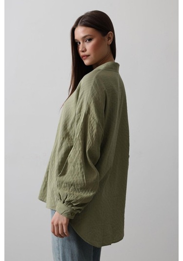 Çizgili Uzun Kol Gömlek - Haki Karışık Çok Renkli