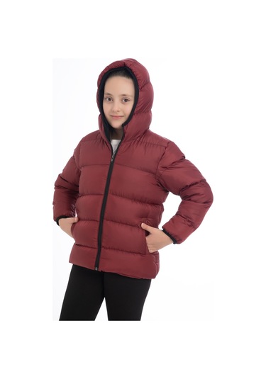 Kız Çocuk Içi Polarlı Kürklü Kapüşonlu Su Geçirmez Rüzgara Dayanıklı Cepli Şişme Kışlık Mont Bordo