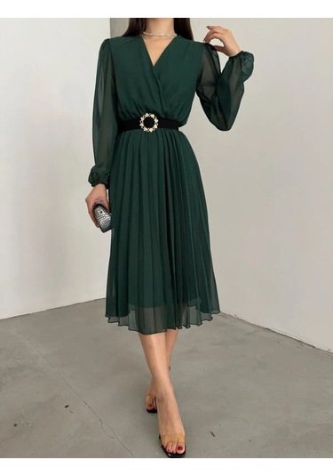 Tua Moda Kadın Şifon Kumaş Astalı Kloş Kesim Kruvaze Yaka Midi Boy Elbise Zümrüt Yeşili