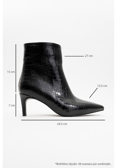 Noya Siyah Baskı Sivri Burun Kadın İnce Topuklu Bot Siyah Kroko