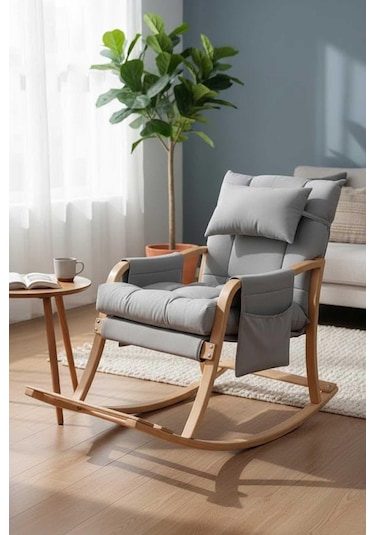 Reyo Paşa Ahşap Sallanan Sandalye, Boyun Yastıklı Çıkartılabilir Kılıflı Minderli Dinlenme Koltuğu Emzirme Koltuğu Açık Gri