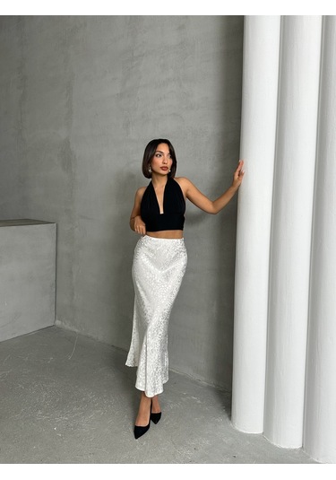 Kadın Leopar Desenli Uzun Saten Etek Beyaz