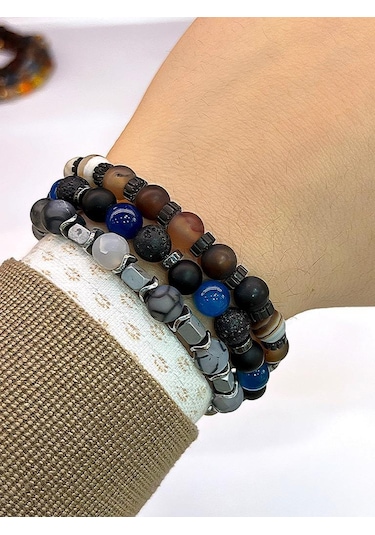 Nursaat 3'lü Doğal Taş Unisex Tılsım Bilekliği Azurit,Hematit, Kristal Kuvars Taşı Doğaltaş Bileklik Çok Renkli