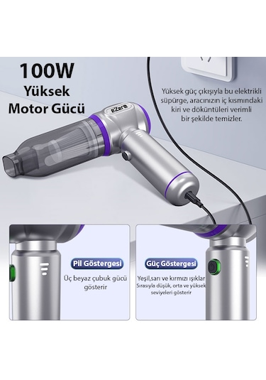 Ezere 16000PA Güçlü Portatif Taşınabilir Vakumlu Kablosuz Üflemeli Mini Araç Süpürgesi