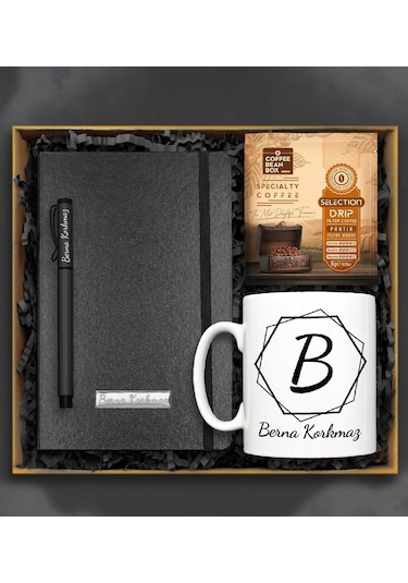Kişiye Özel Altıgen Kupa & Siyah Defter & Roller Kalem & Pratik F