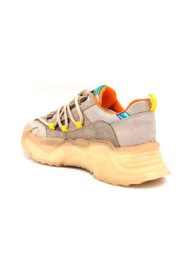 Beyaz London Asimetrik Bağcıklı Şeffaf Kalın Taban Kadın Spor Ayakkabı Bej Bej