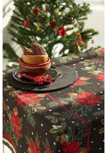 Kozalak Çiçekli Lacivert Yılbaşı Masa Örtüsü