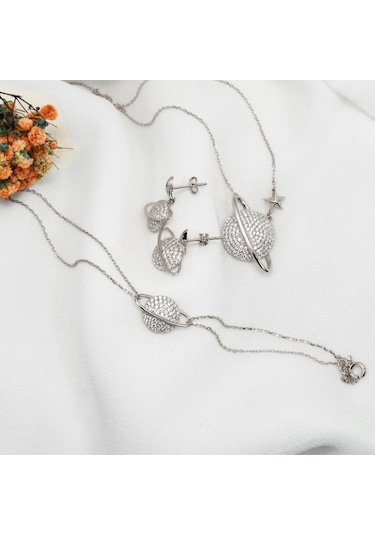 Brezza Lusso Jewelry Gümüş Gezegen Kadın Kolye Küpe Bileklik Seti