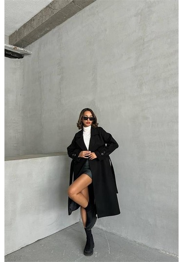 Neşeli Butik Kadın Astarlı Siyah İthal Kaşe Kaban Nbg048 Siyah