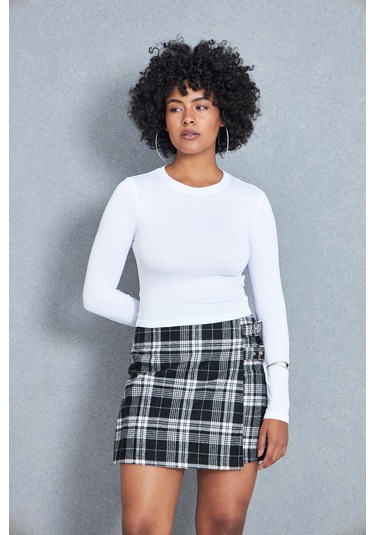 Kadın Siyah Ekoseli Toka Detaylı Mini Etek Dm2029 Siyah