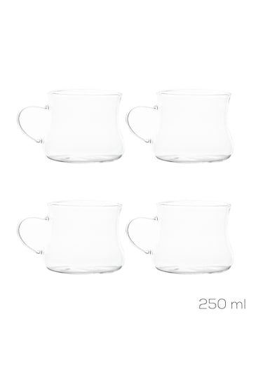 Porsima Pbt-706 Borosilikat Isıya Ateşe Dayanıklı Cam Kulplu 4 Lü Çay Bardağı Kahve Bardak Seti Kupa Şeffaf 250ml Şeffaf