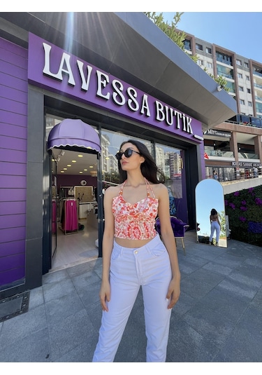 Lavessa Gipe Detaylı Crop - Turuncu Çiçekli-135 Turuncu