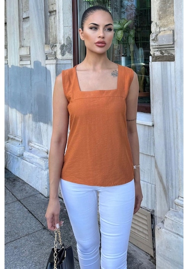 WeShaya Kadın Kiremit Kalın Askılı, Kare Yaka, Salaş Keten Bluz Kiremit