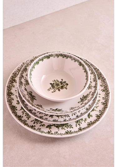 Antik Yeşil 27 Parça 6 Kişilik Seramik Yemek Takımı Vintage Çiçek Desenli Yuvarlak Servis Seti Yesıl Yeşil