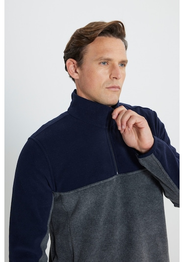 AC&Co / Altınyıldız Classics Erkek Lacı A.melanj Anti-pilling Tüylenme Yapmayan Standart Fit Bato Yaka İçi Polarlı Çift Renk Polar Sweatshirt Lacivert