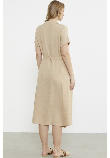 Keten Görünümlü Cepli Gömlek Elbise - Bej Bej
