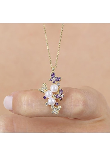 Ametist Taşlı Kelebek Valsi Gold Renk Gümüş Kolye