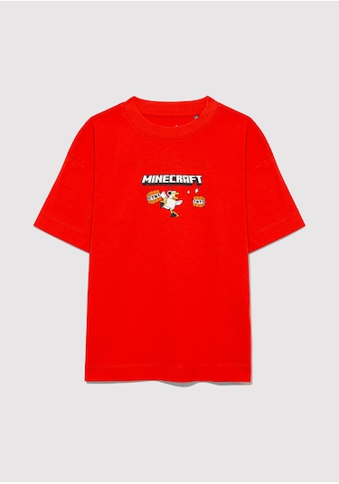 Mavi - Minecraft Baskılı Kırmızı Tişört 6610343-88523 Kırmızı