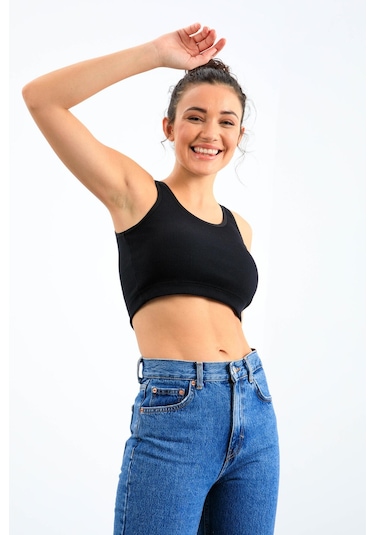 Tommy Life Lacivert Basic Sıfır Kol Dar Kalıp U Yaka Kadın Crop Top Atlet - 97160 Lacivert