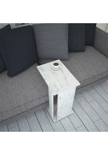 Pasific Home Single Çok Amaçlı Tekerlekli C Sehpa ,Koltuk Sehpası - Beyaz Mermer