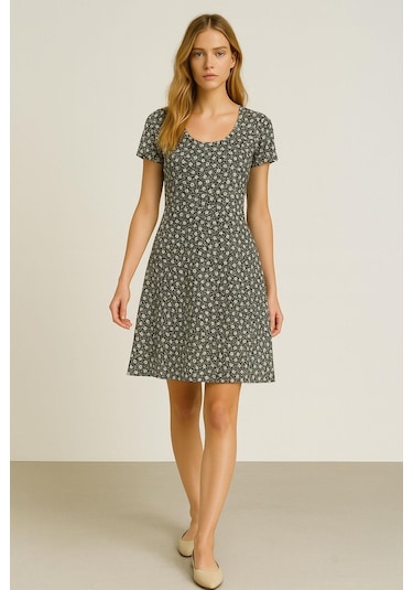 2 Adet Dökümlü Rahat Kalıp Günlük Penye Kumaş Elbise Ekru - Kahverengi