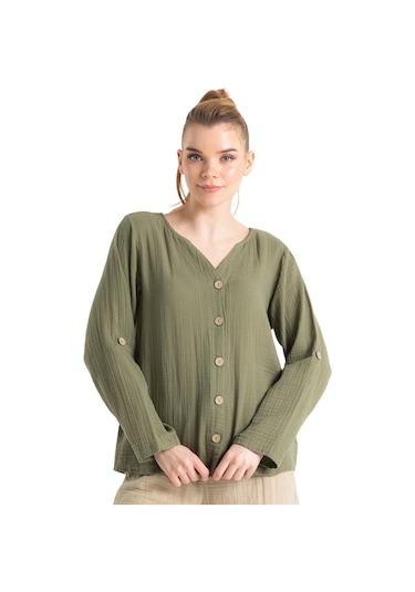 Uzun Kol Müslin Sedef Gömlek Haki Hk-haki Haki