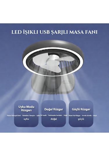 Usb Şarjlı Lambalı Masaüstü Mini Fan 3 Kademeli Hız Ayarlı 180 Derece Vantilatör